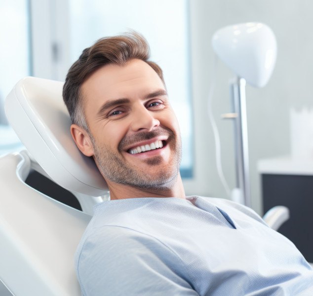 Man smiling after completing cosmetic treatment