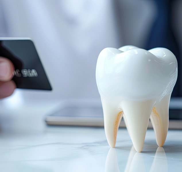 Person holding credit card with tooth model nearby