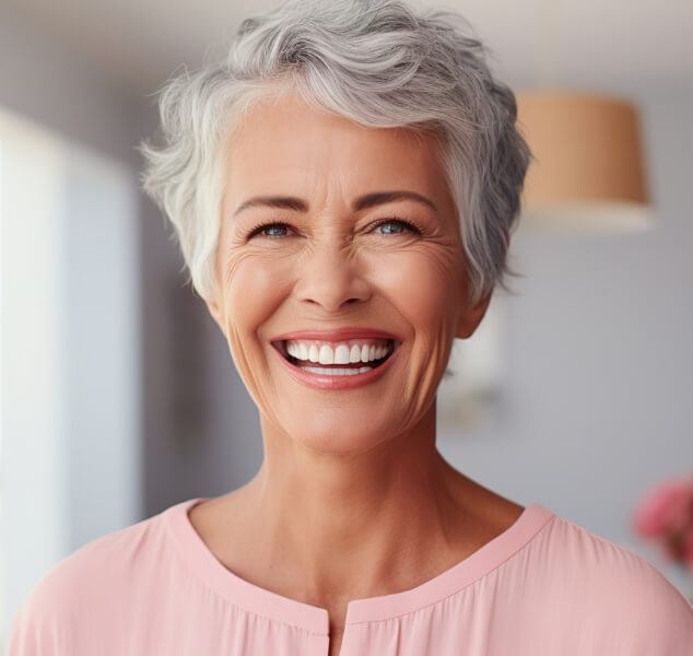 Smiling woman with short gray hair and pink blouse