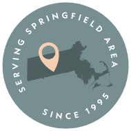 Badge with shape of Massachusetts that reads serving Springfield area since 1995