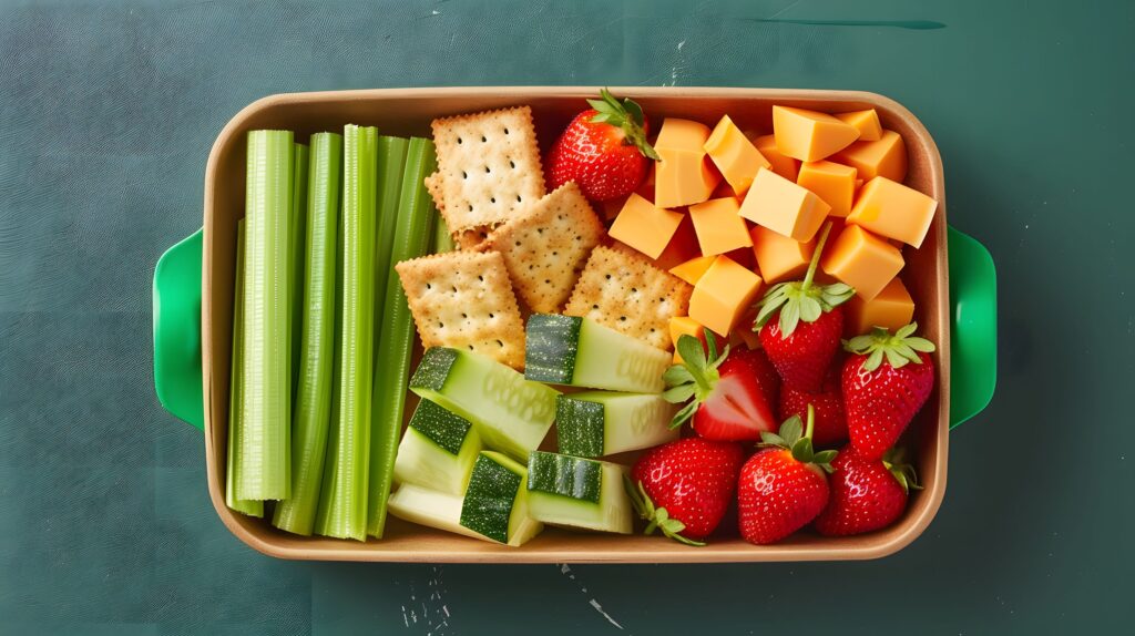 Bird's eye view of a dish with cheese, strawberries, crackers, celery, and zucchini 